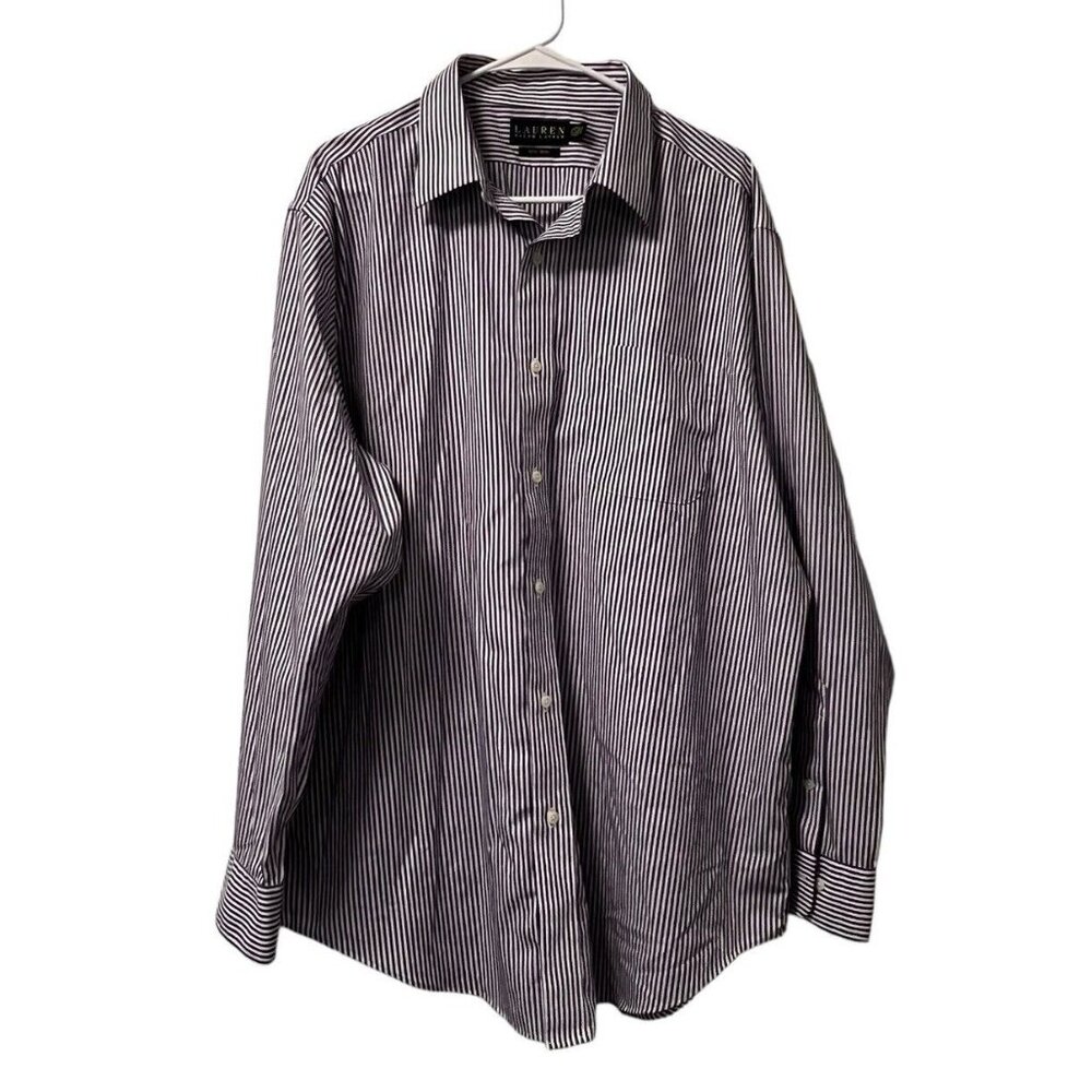 Lauren Ralph‎ Lauren Navy Striped Button Down No Iron Shirt Sz 17 1/2 34/35 Prep